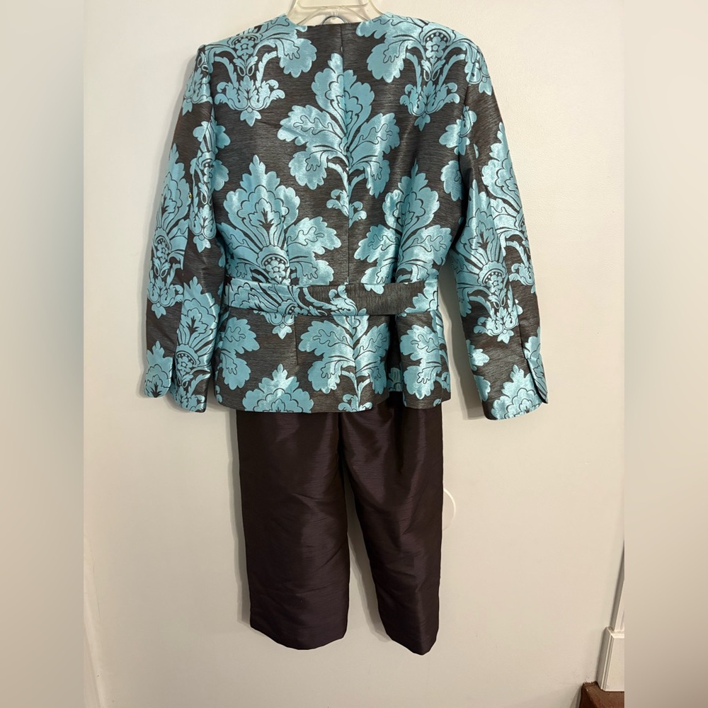 Nina Cole NWT Turquoise & Chocolate Floral Jacquard 2-Piece Pant Set Size 12 - Picture 4 of 6